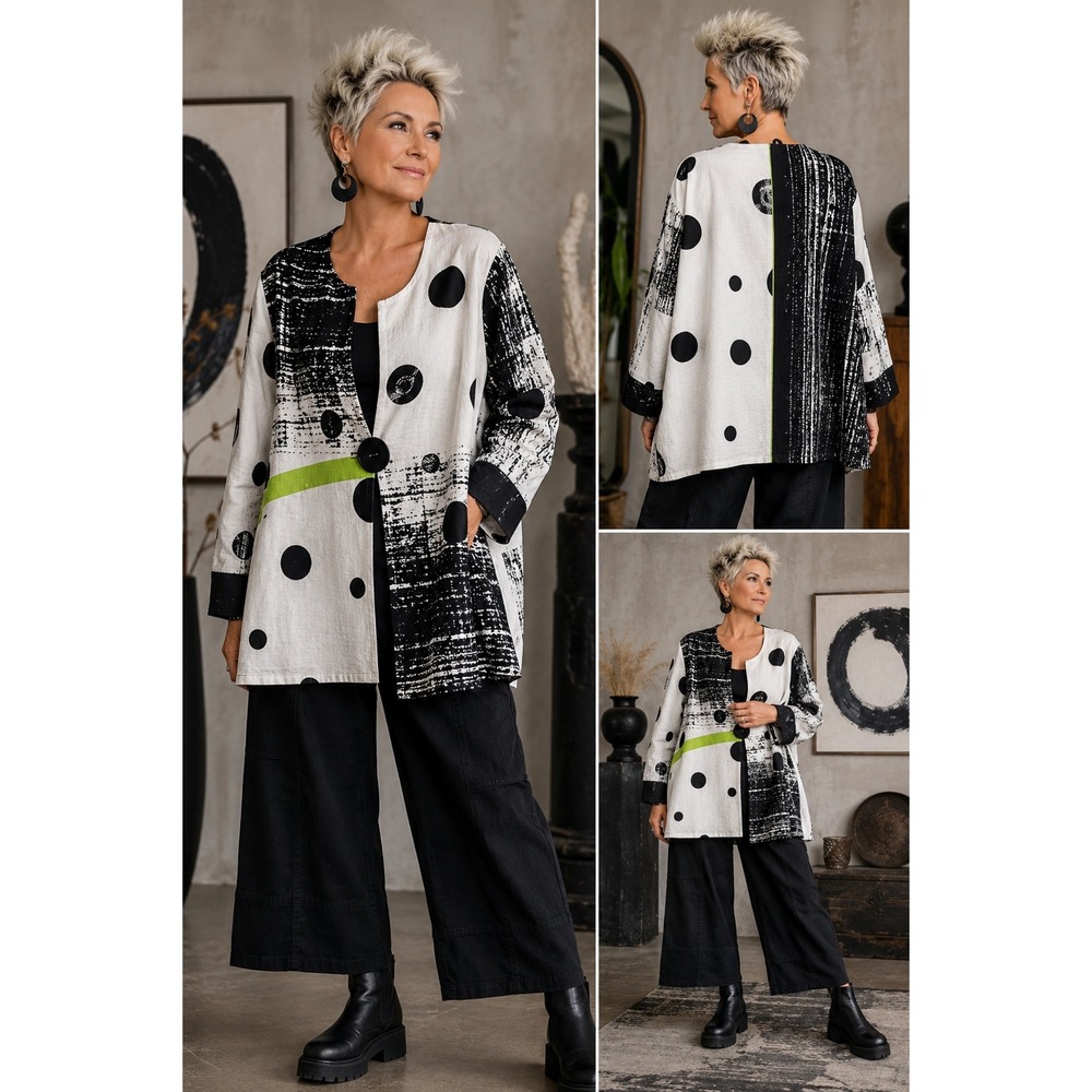 Ali Miles 1X Art to Wear Jacket Abstract Black White Polka Dot Modernist